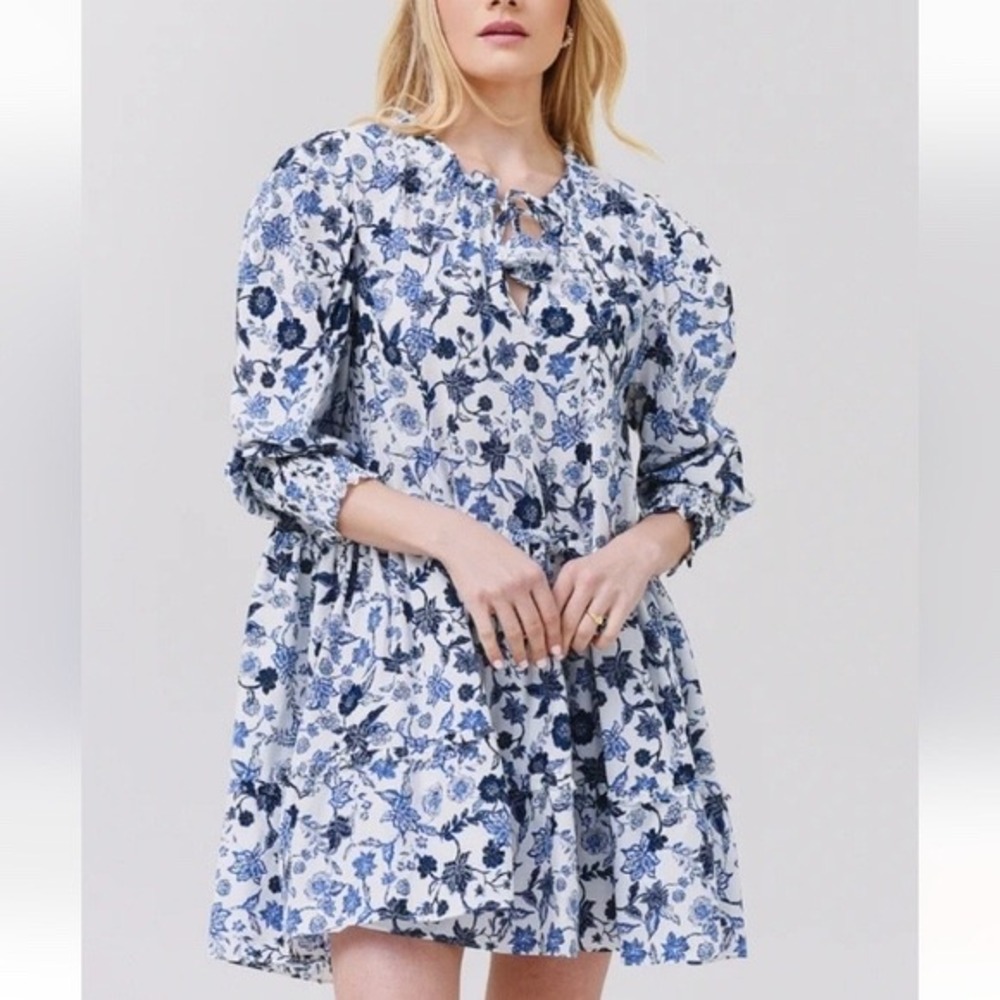MISA Los Angeles Maya Blue White Floral Tiered Mini Dress Cottagecore S